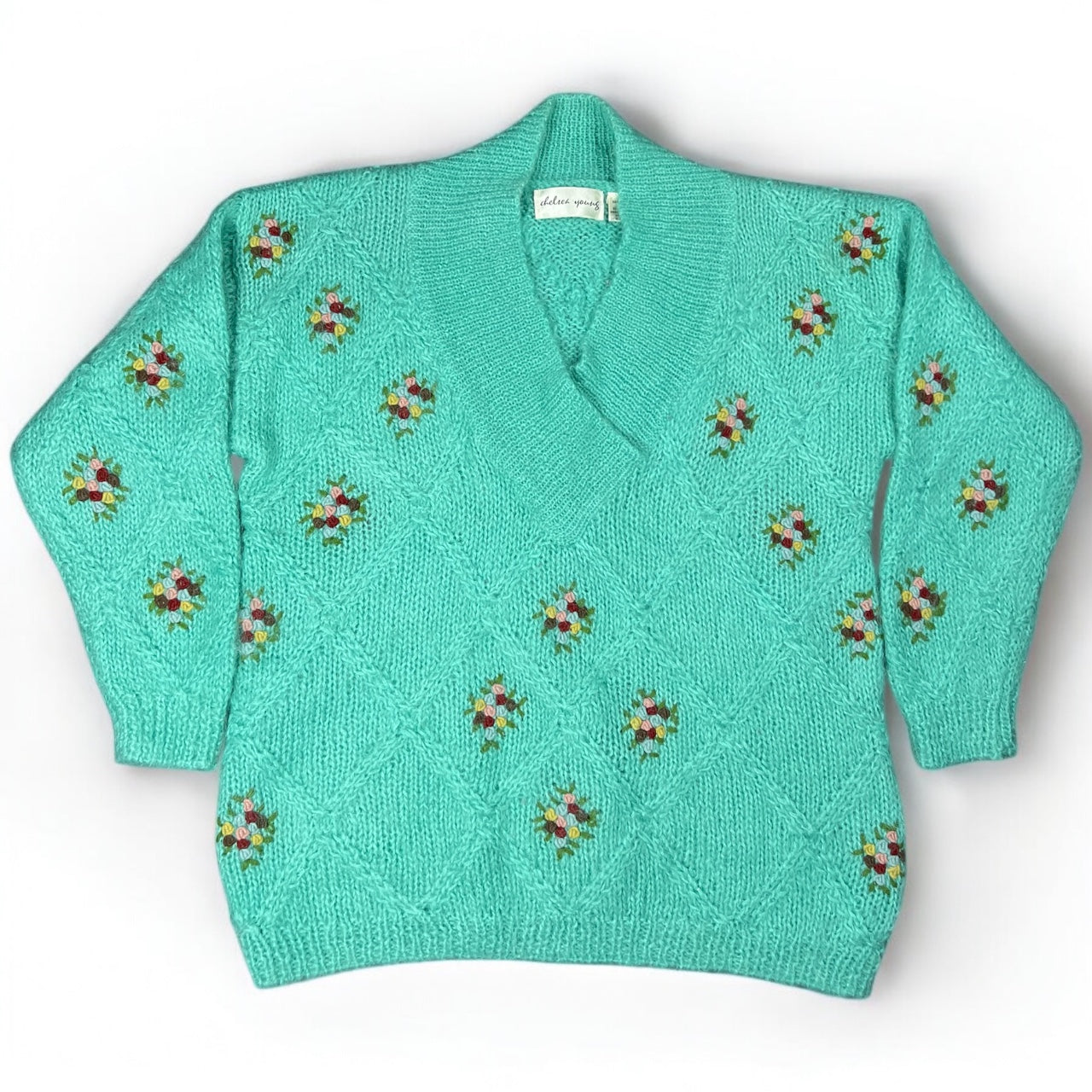 Vintage 90s Chelsea Young Wool Mohair Floral Embroidered Sweater Aqua Blue Women’s Med