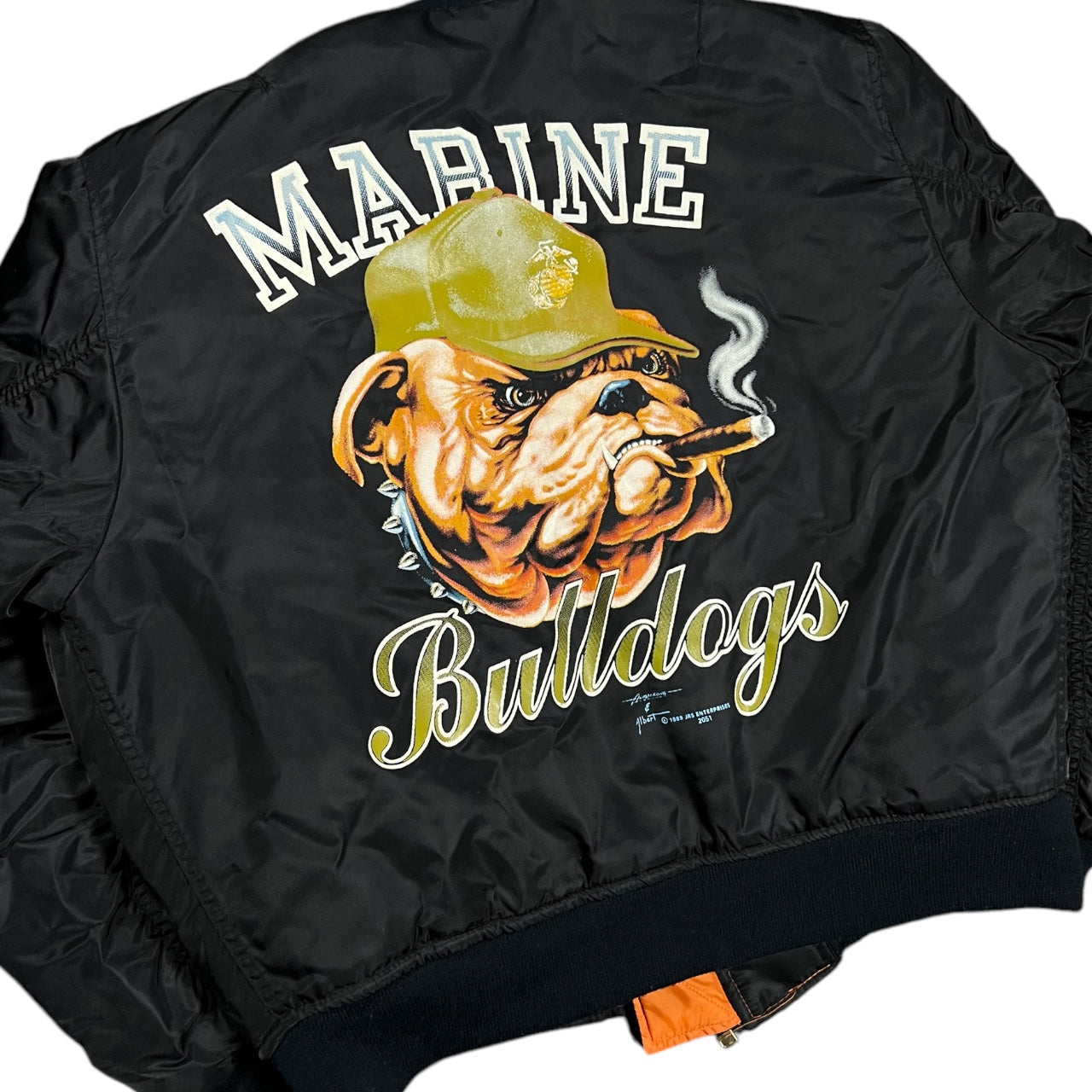 Vintage 1989 Marine Bulldogs Black Insulated Bomber Flight Jacket Reversible Graphic Print Mens Medium