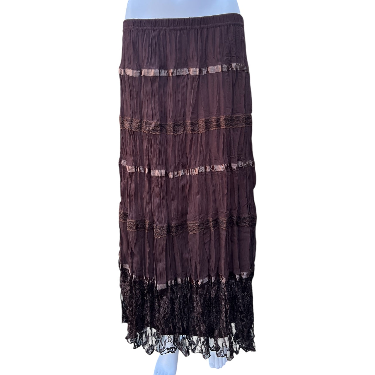 90s Y2K Brown Boho Tiered Crinkle Maxi Skirt Ribbon Floral Lace Trim Women’s 14/16W