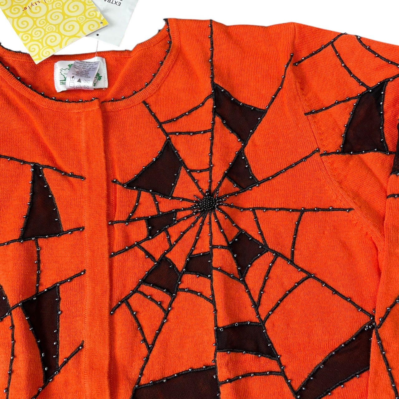NWT Vintage The Quacker Factory Orange Beaded Spiderweb Ugly Sweater Cardigan Women’s Large Mesh