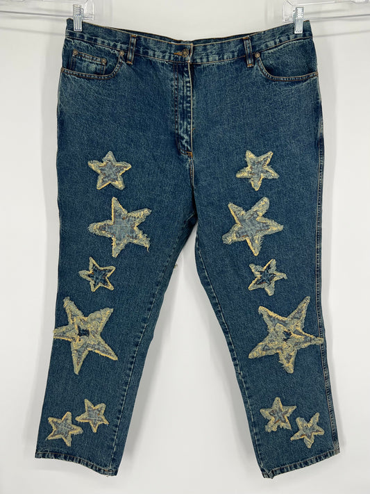 Vintage 90s Y2K Plus Size Fringed Star Patchwork Jeans Dirty Wash Denim Women’s 22W