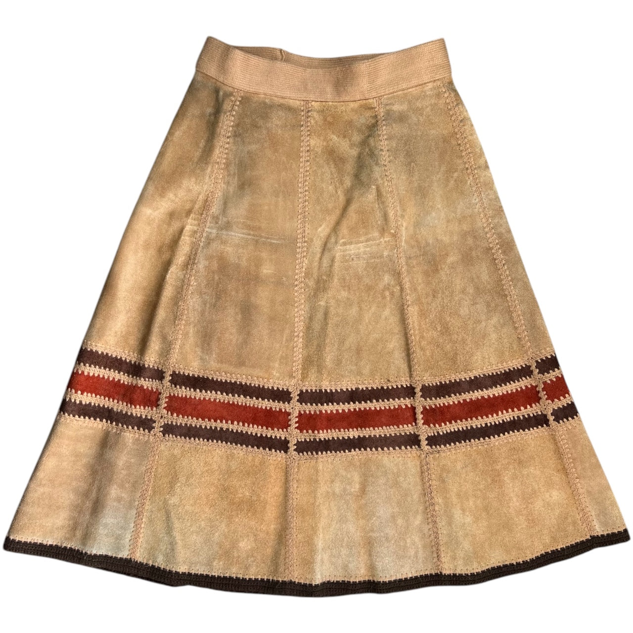 Vintage 60s 70s Suede Acrylic Knit Patchwork Leather Midi Skirt A-Line Women’s 15/16