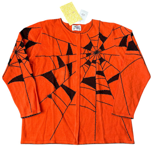 NWT Vintage The Quacker Factory Orange Beaded Spiderweb Ugly Sweater Cardigan Women’s Large Mesh