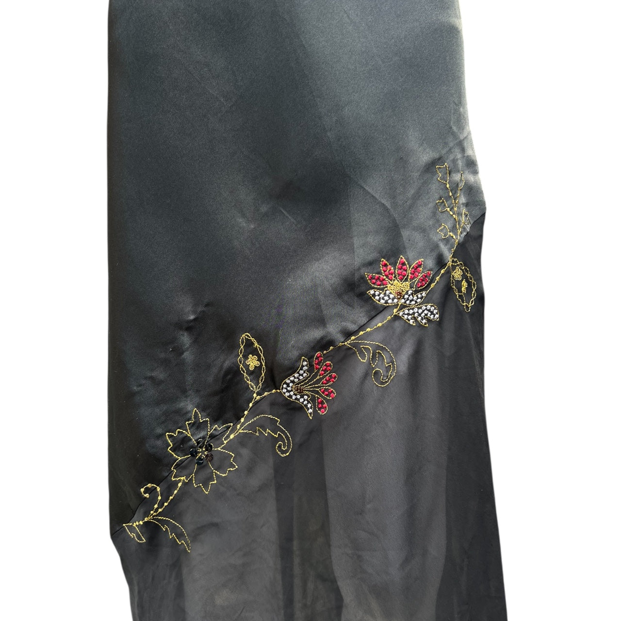 90s Massini Black Satin Asymmestrical Slip Dress Embroidered Sequin Floral Design Sheer Chiffon Trim Women’s Med