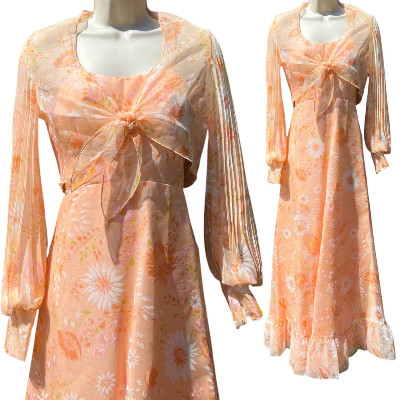 Vintage 1970s Union Made Peach Floral Maxi Dress Matching Bolero Jacket Pastel Orange Sundress 7