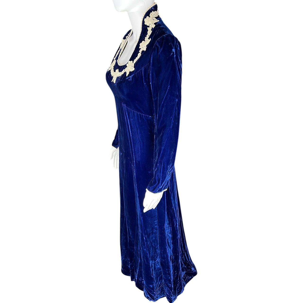 Vintage 60s 70s Medieval Revival Sapphire Velvet Gown Queen Anne Collar White Lace Sz 8