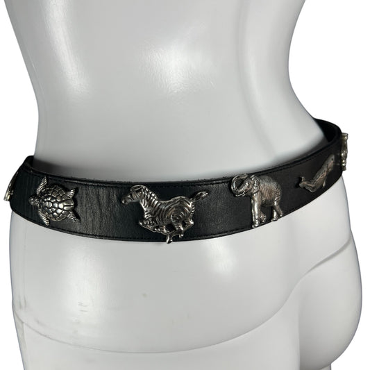 Vintage 80s Black Leather Belt Silver Tone Animal Studs Women’s XS 32”