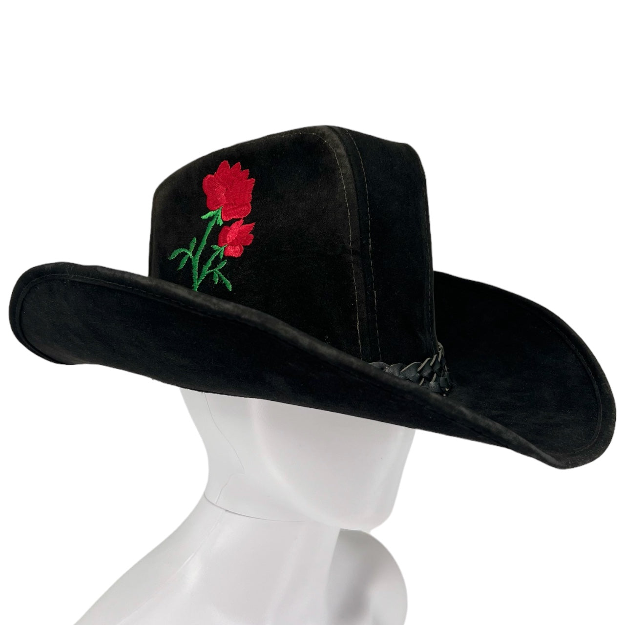 Vintage Black Suede Embroidered Floral Cowboy Hat United Hatters Cap Millinery Union Made Sz Large