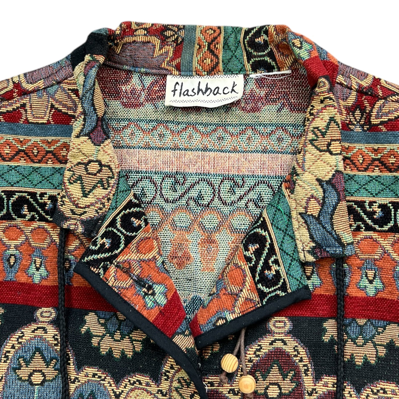 Vintage 90s Flashback Floral Boho Tapestry Jacket Beaded Wood Buttons Women’s 2XL