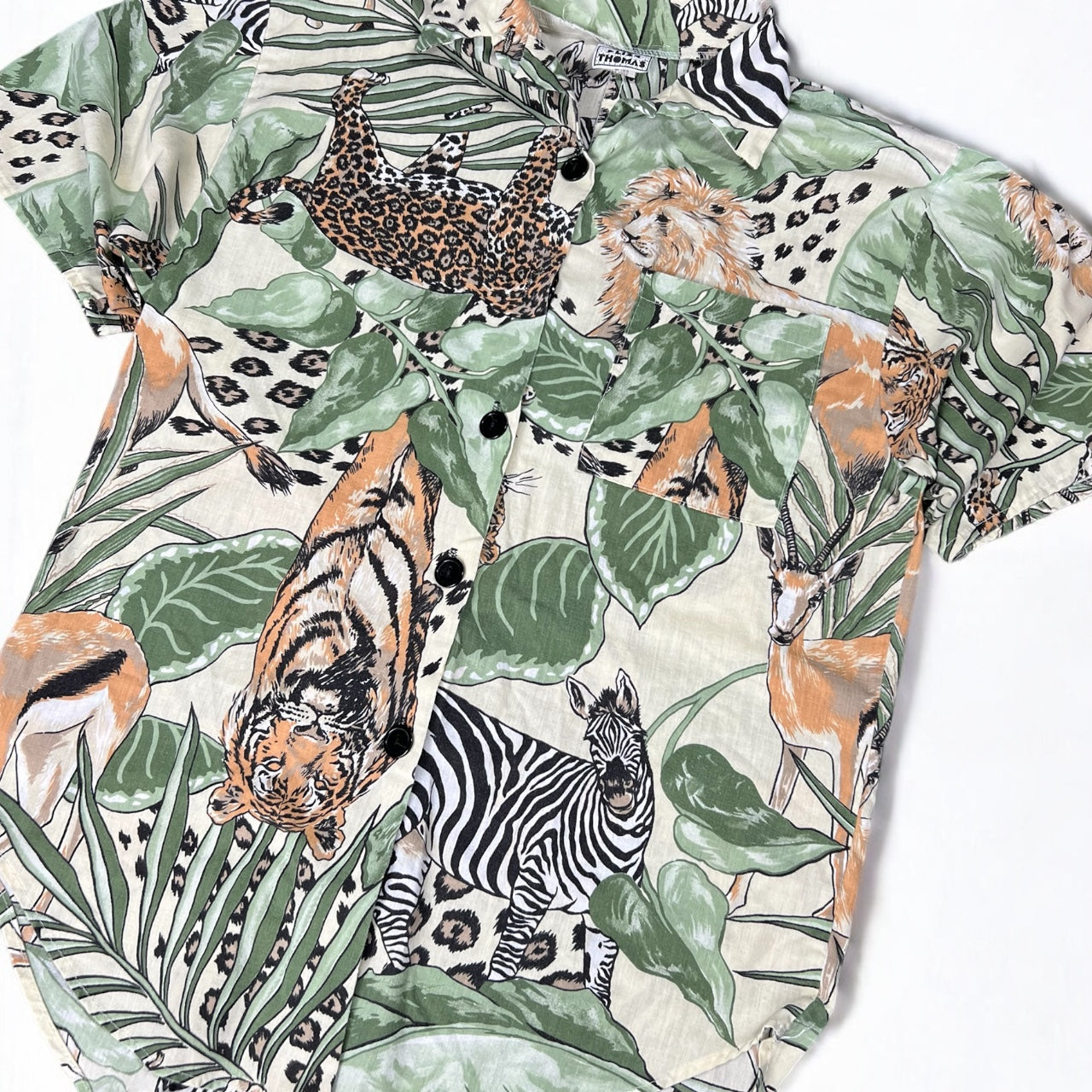 Vintage 80s Liz Thomas Safari Blouse Animal Jungle Print Short Sleeve Womens Med