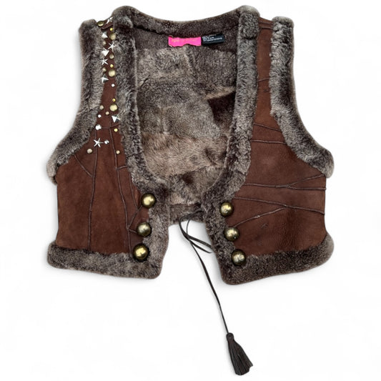 Y2K Betsy Johnson Brown Sheepskin Patchwork Studded Vest Women’s S/M