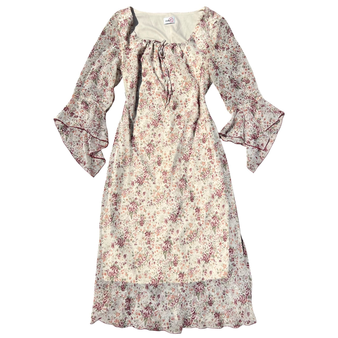 90s Studio Y Sheer Floral Scoop Neck Midi Dress Flared Sleeves Women’s 13 Made in USA