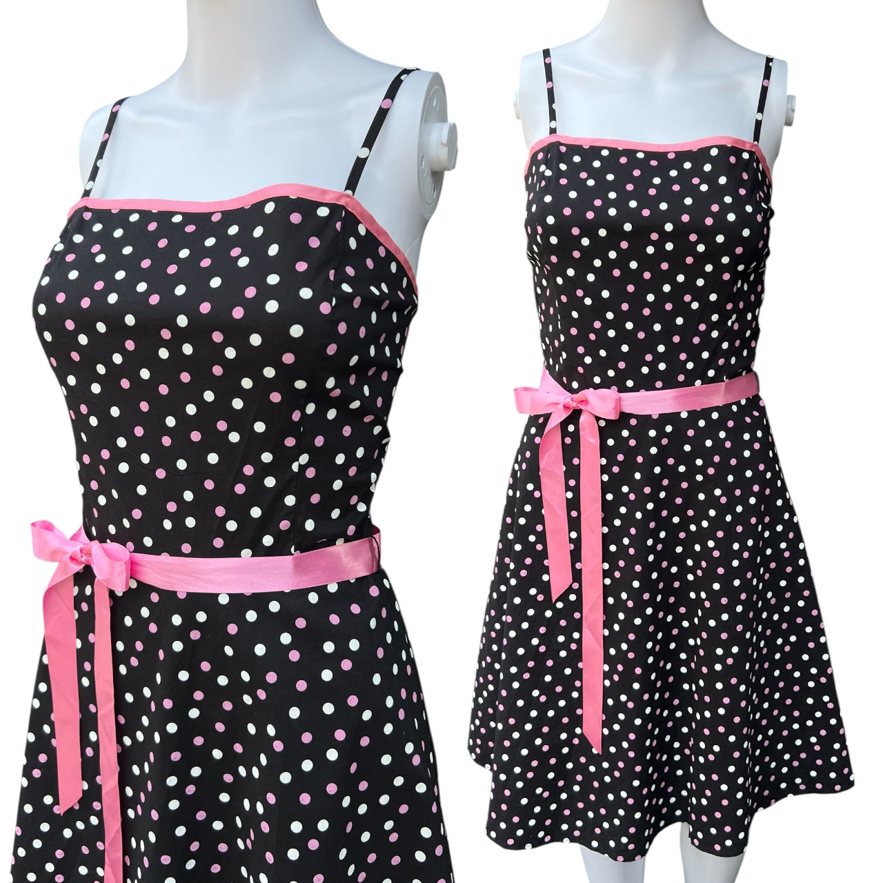 90s Pulse Black Pink Polka Dot A-line Dress Ribbon Waist Tie Women’s Large