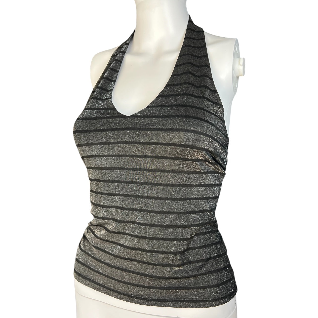 90s Hot Spot Grey Black Striped Halter Top Holographic Glitter Women’s Med Made in USA