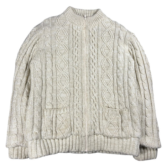 Vintage Eddie Bauer Cream Cable Knit Fisherman Sweater Full Zip Men’s Large Acrylic Lined