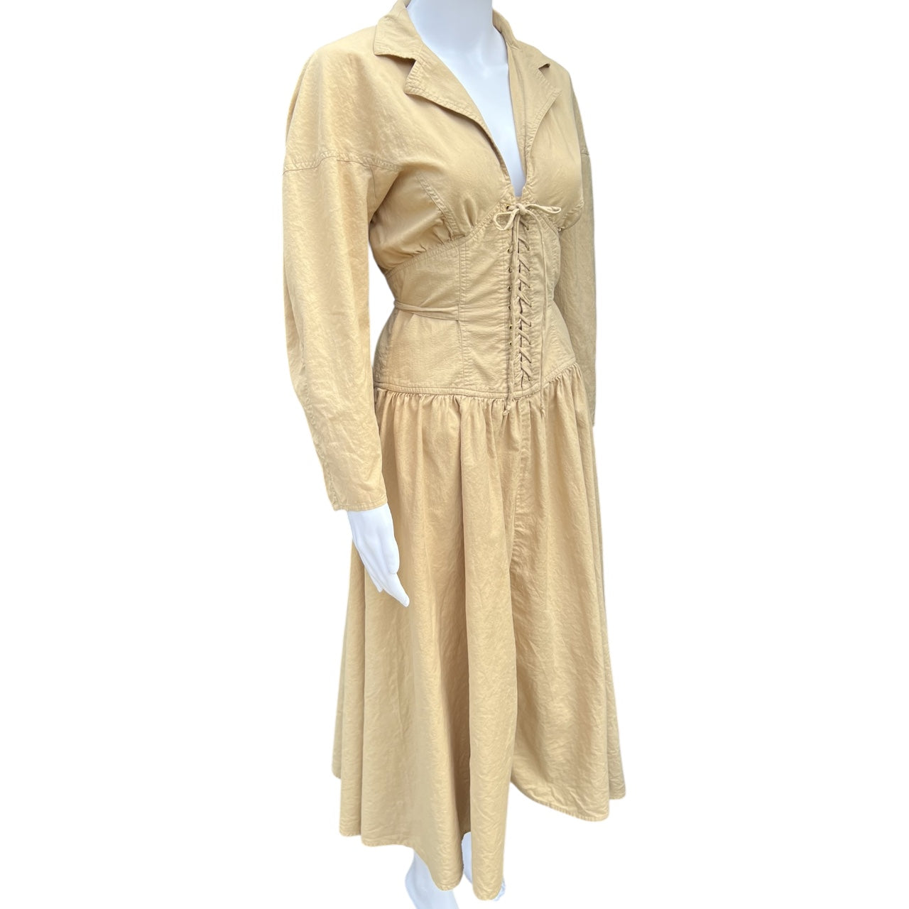 90s Fred Charles Tan Lace Up Corset Midi Dress Notch Collar Women’s 7 100% Cotton