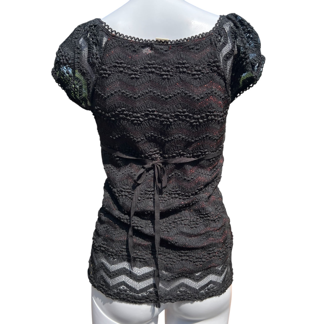 90s Y2K Studio Y Black Floral Lace Blouse Puff Sleeve Waist Tie Women’s Small