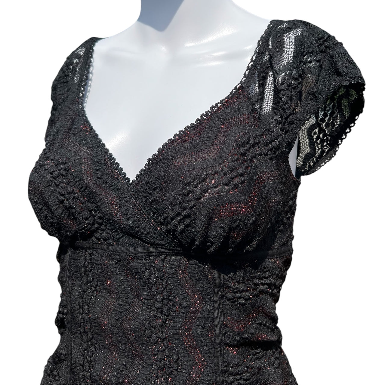 90s Y2K Studio Y Black Floral Lace Blouse Puff Sleeve Waist Tie Women’s Small