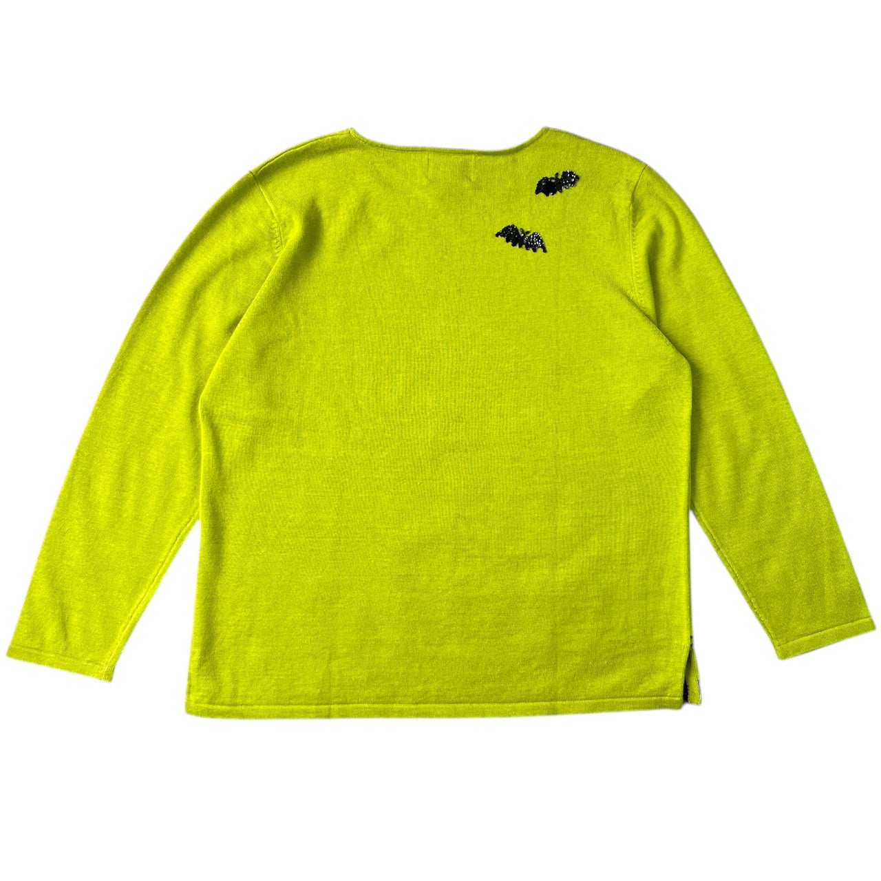 NWT Vintage Quacker Factory Lime Green Ugly Halloween Sweater Black Cat Graveyard Glitter Sequin Women’s Large