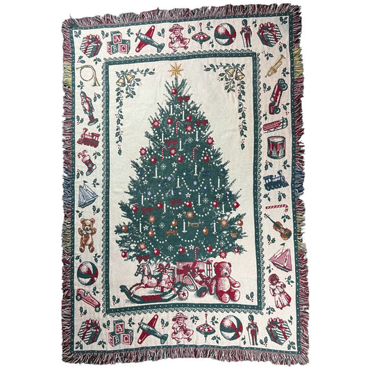 Vintage Christmas Tree Tapestry Throw Blanket Christmas Presents Stockings Toys Fringe 66” x 46”