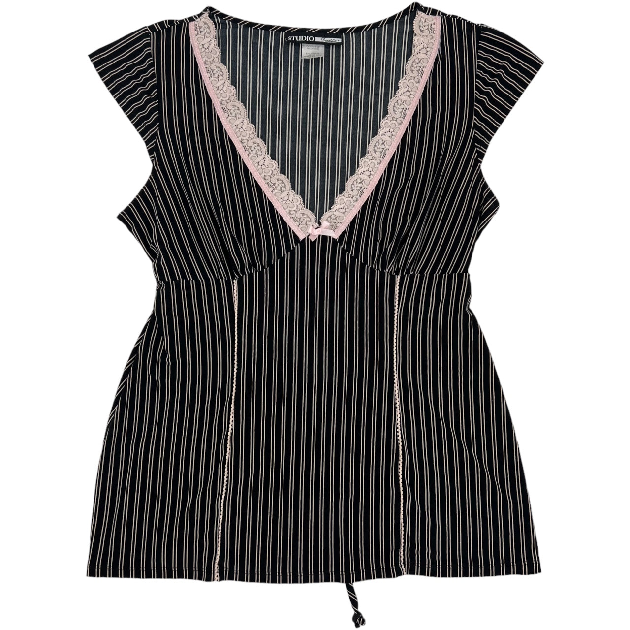 Vintage Y2K Studio Donatella Black Pinstripe Sleeveless Top Pink Lace Ribbon Women’s M