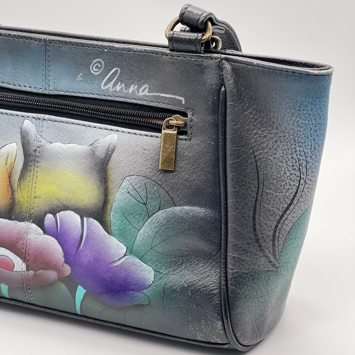 Anna by Anuschka Hand Painted Floral Cat Pebbled Leather Shoulder Tote