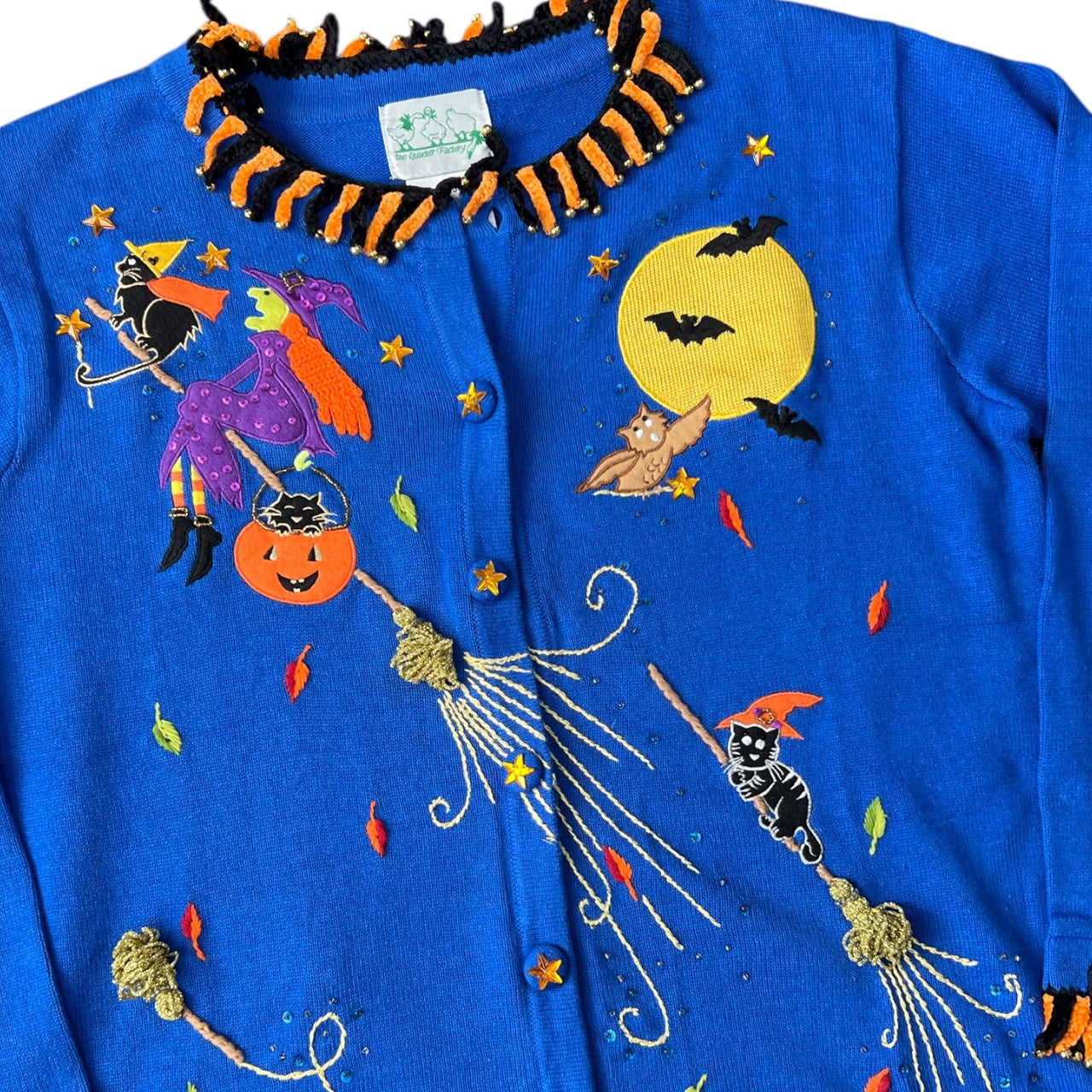 NWT Vintage The Quacker Factory 3D Knit Ugly Halloween Sweater Cardigan Beaded Sequin Fringe Women’s Large
