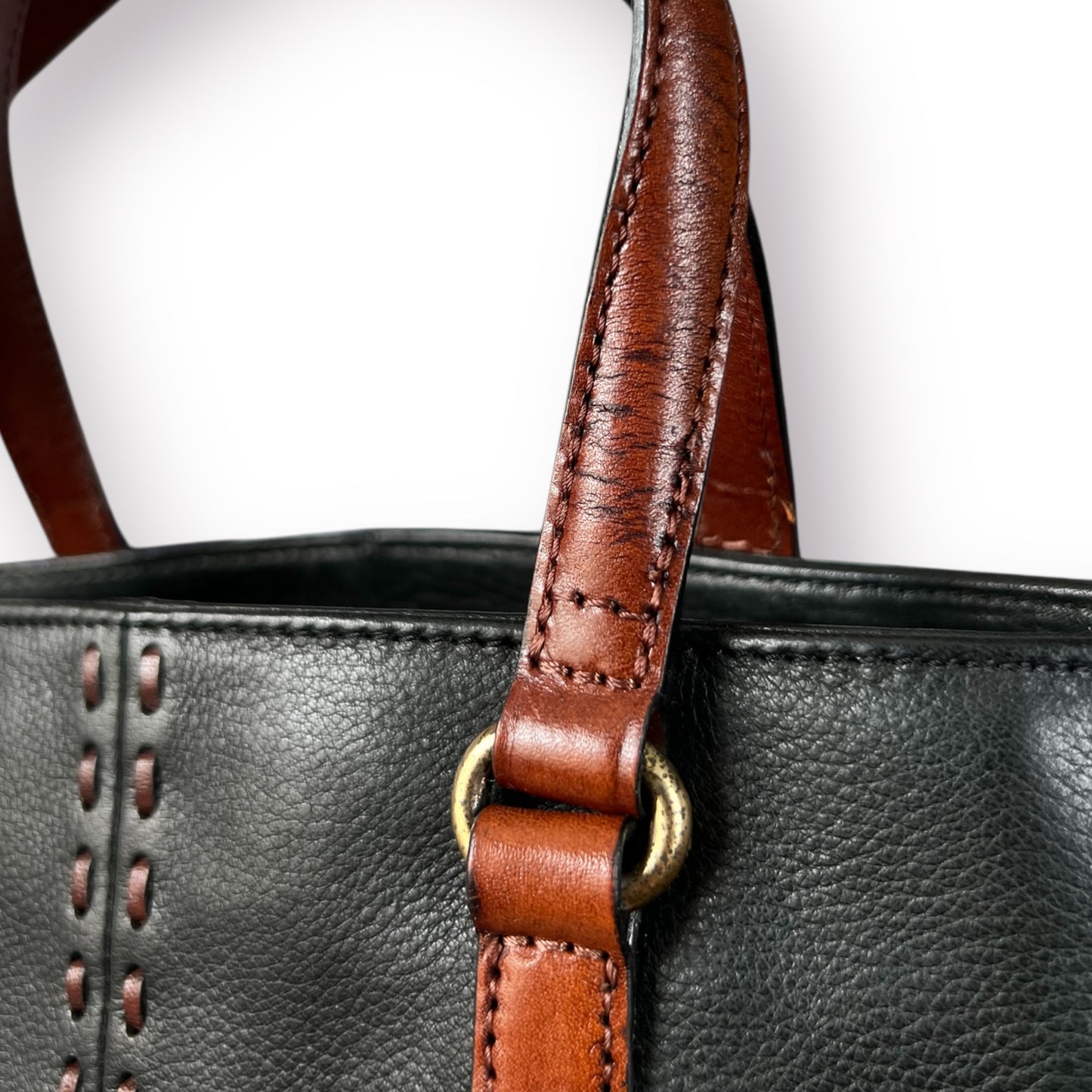 Y2K Fossil Black Pebbled Leather Shoulder Bag Brown Leather Trim Woven