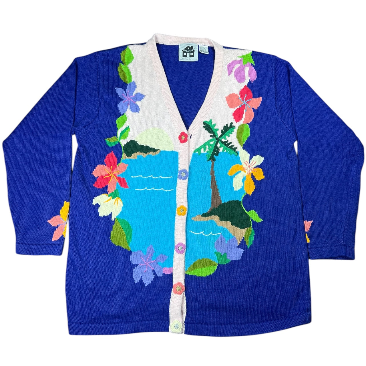 Vintage Storybook Knits Tropical Floral Grandma Cardigan Embroidered Ugly Sweater Women’s Large