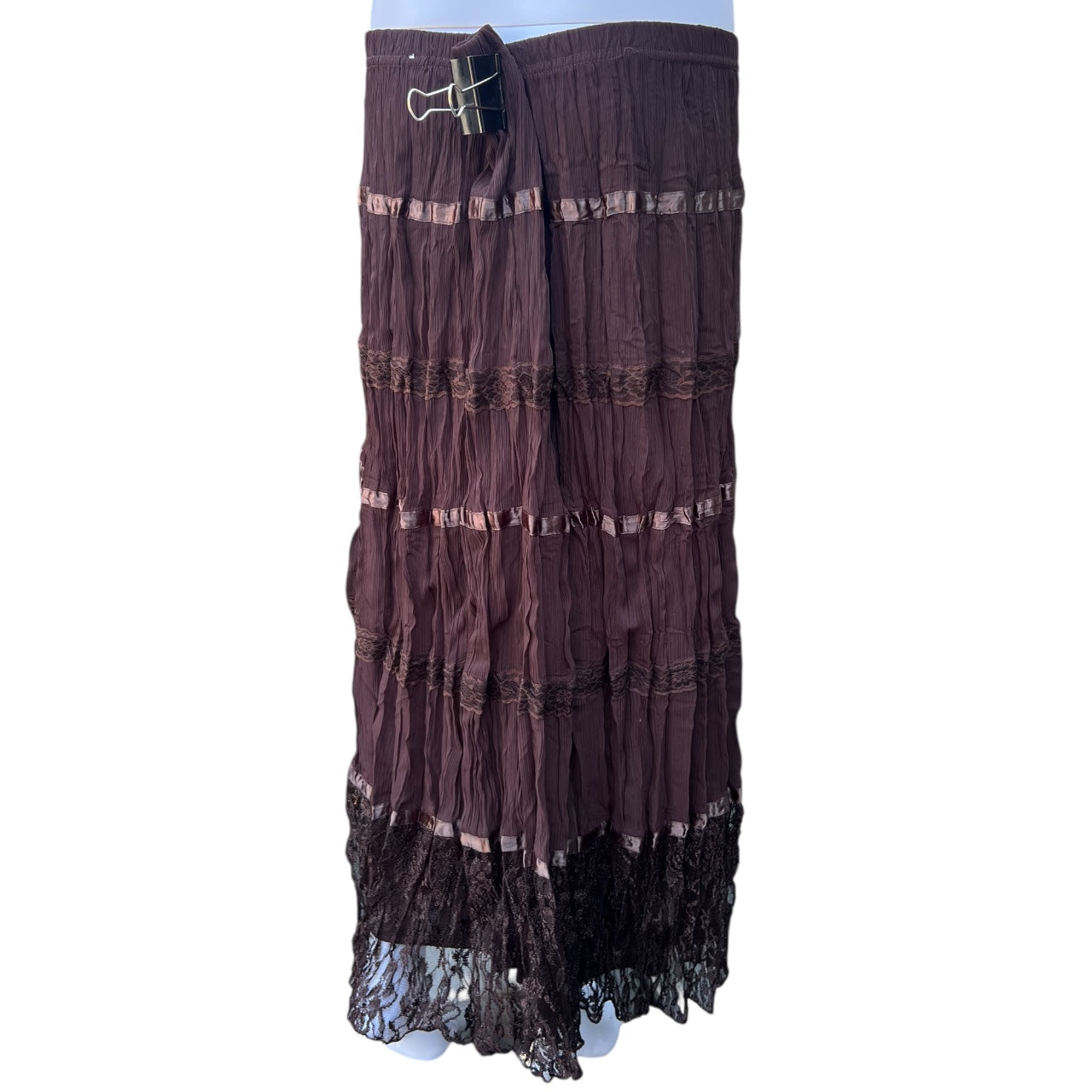 90s Y2K Brown Boho Tiered Crinkle Maxi Skirt Ribbon Floral Lace Trim Women’s 14/16W