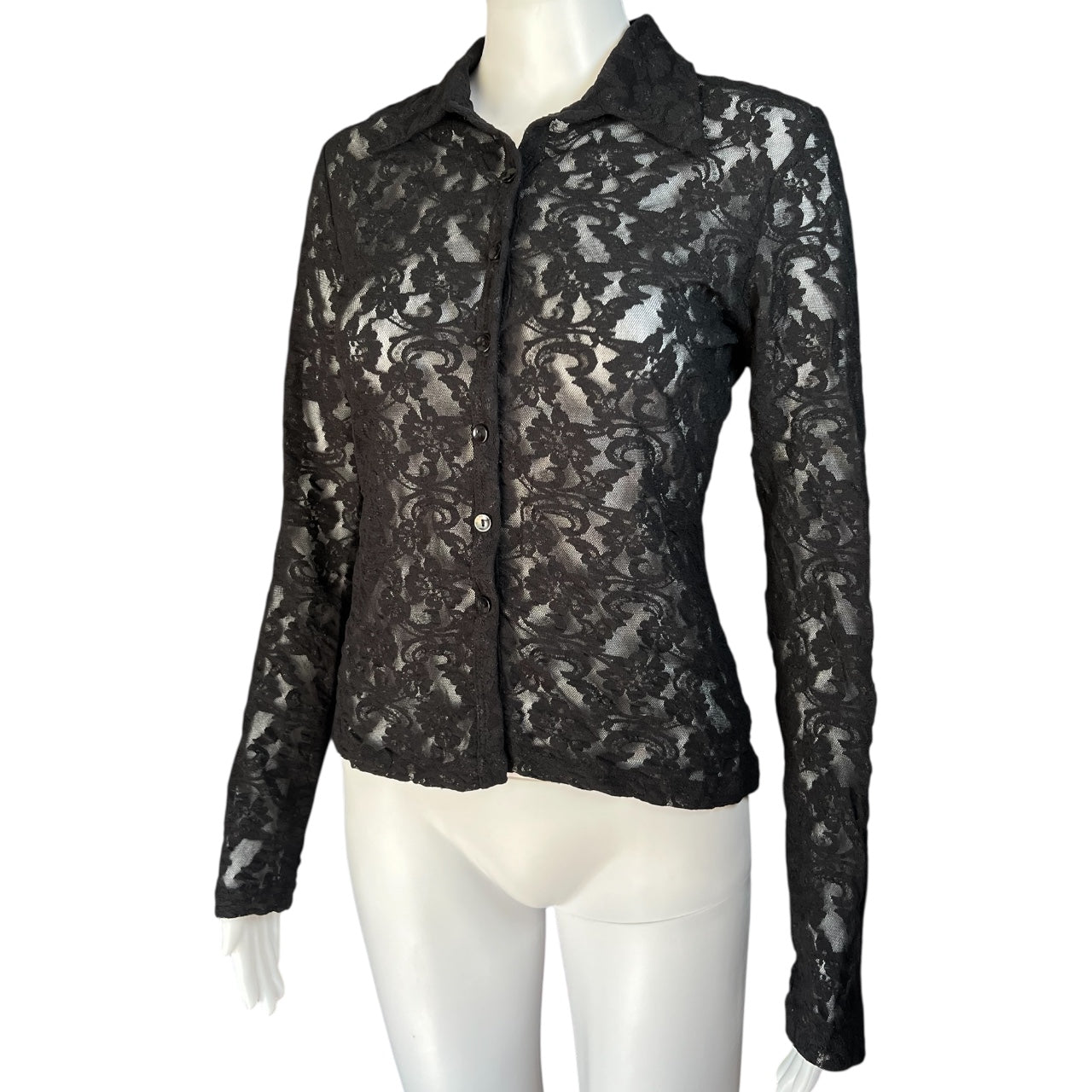 90s Eye Candy Sheer Black Floral Lace Longsleeve Button Up Shirt Women’s Med Made in USA