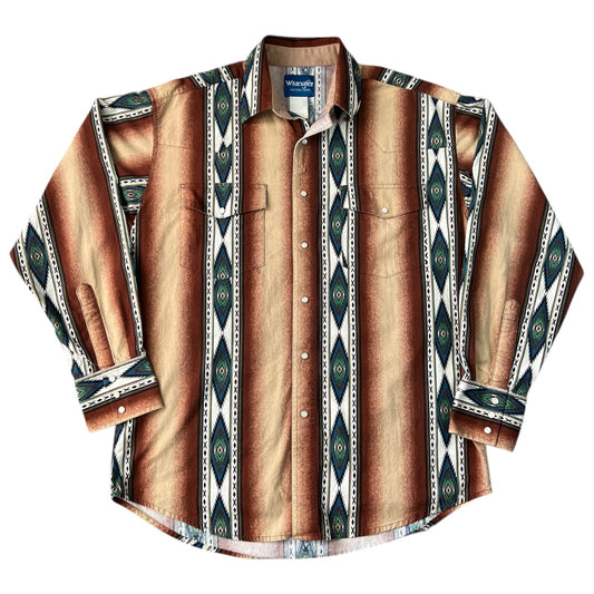 Vintage Wrangler Western Shirt Pearl Snap Brown Aztec Print Longsleeve Men’s Large