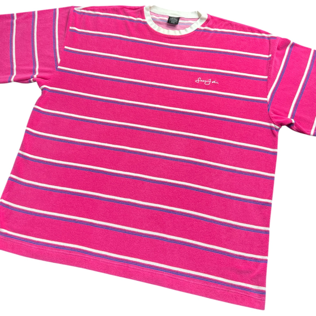 Vintage Y2K Sean John Pink Striped Towel Terry Cloth Baggy Crewneck T-Shirt Embroidered Men’s 3XL