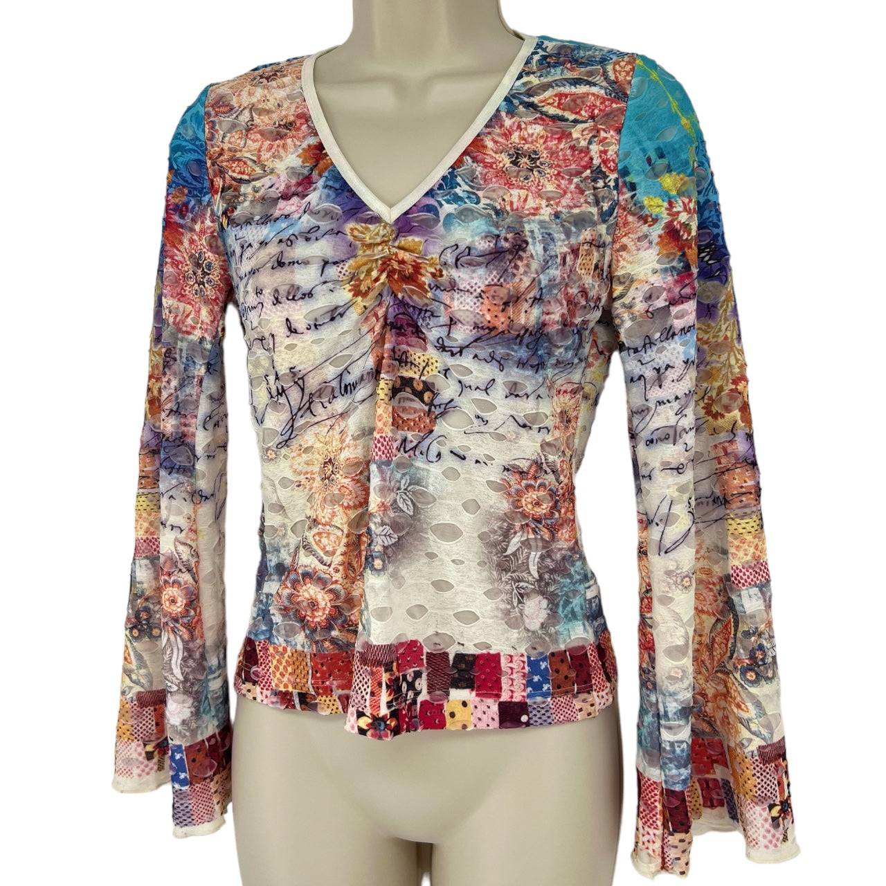 Vintage Y2K Casual Free All Over Print Longsleeve Top Flared Sleeves Micromesh Womens M