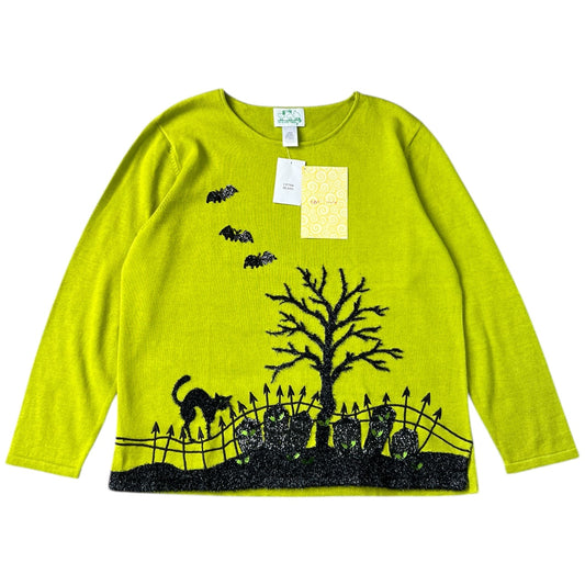 NWT Vintage Quacker Factory Lime Green Ugly Halloween Sweater Black Cat Graveyard Glitter Sequin Women’s Large
