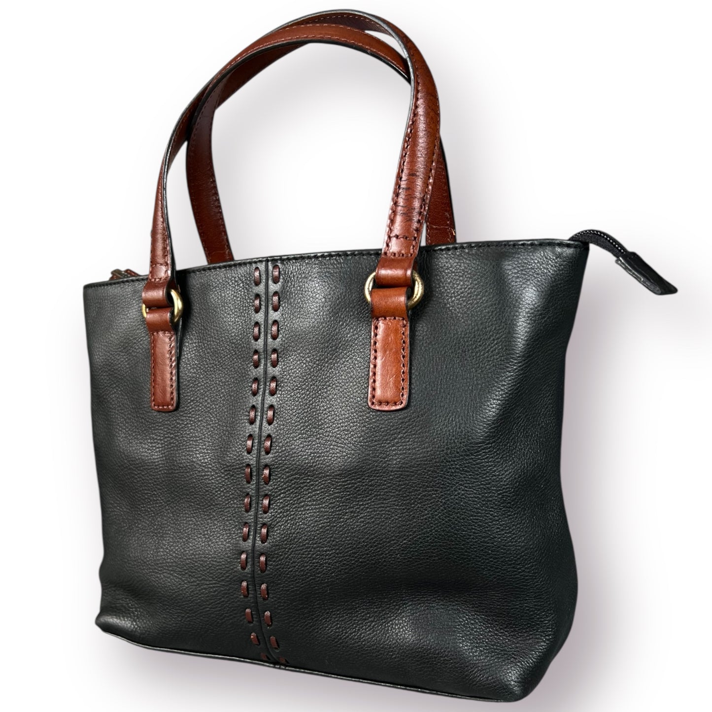 Y2K Fossil Black Pebbled Leather Shoulder Bag Brown Leather Trim Woven