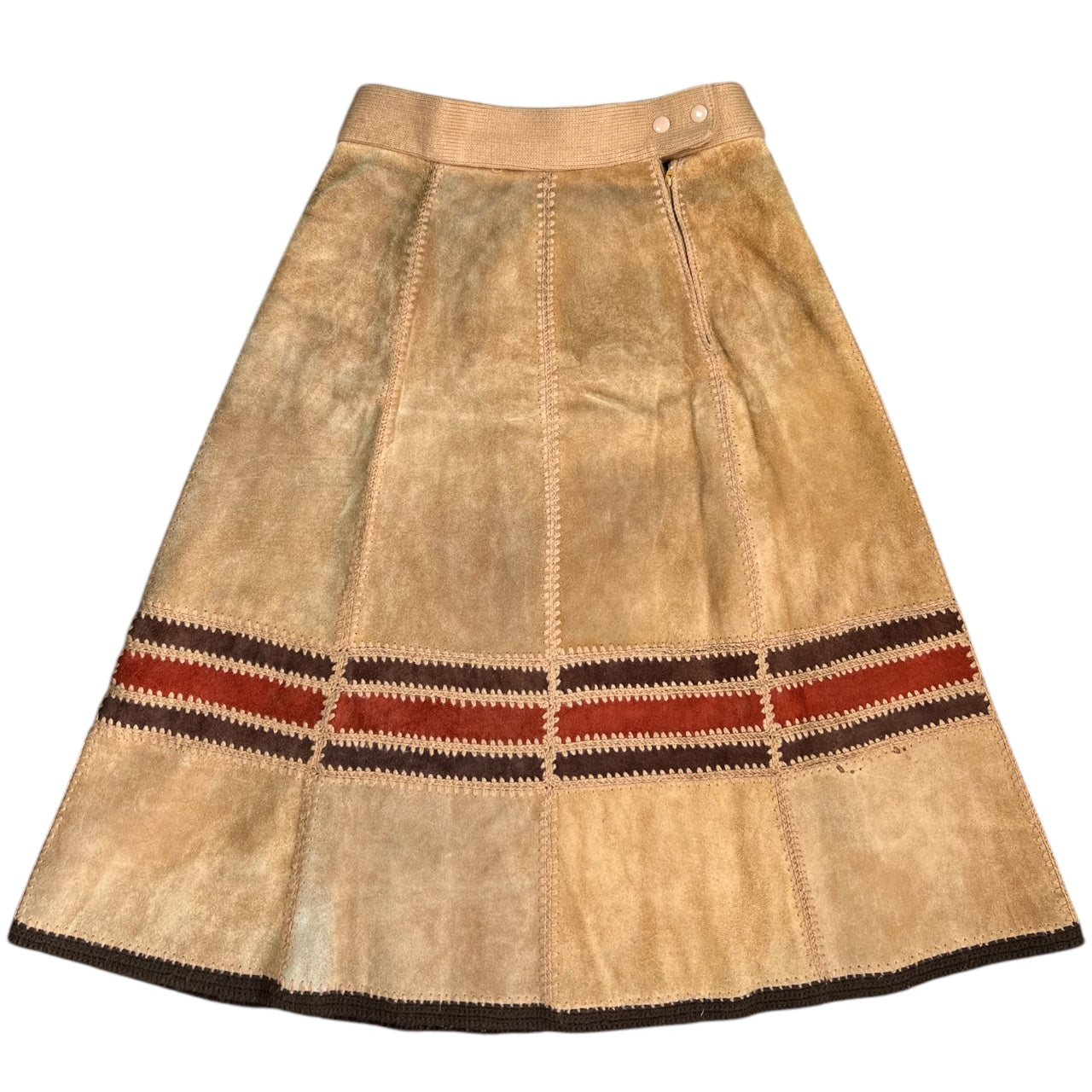 Vintage 60s 70s Suede Acrylic Knit Patchwork Leather Midi Skirt A-Line Women’s 15/16