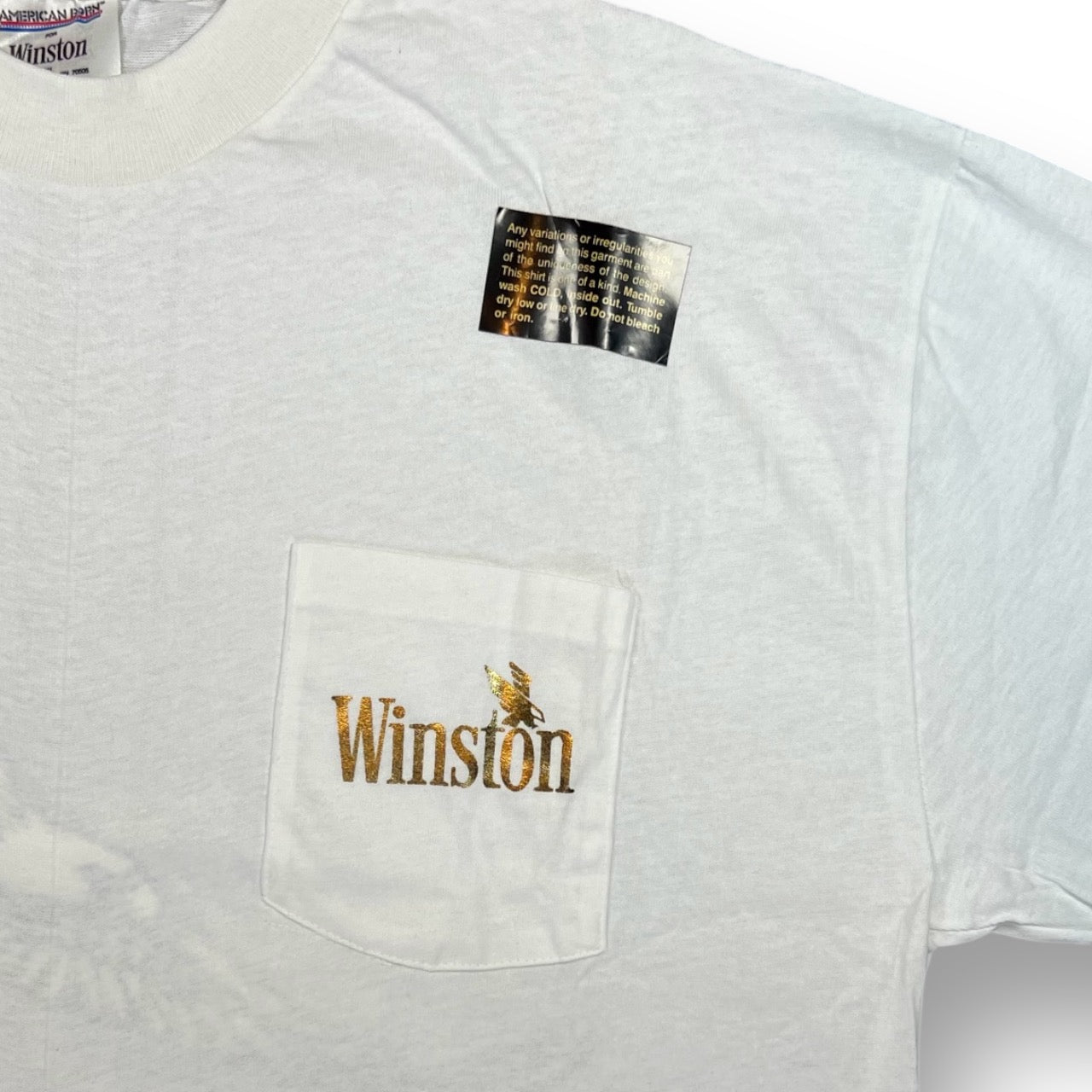 Vintage Winston Cigarettes Metallic Gold Bald Eagle Pocket White Single Stitch Tee Mens XL Made in USA