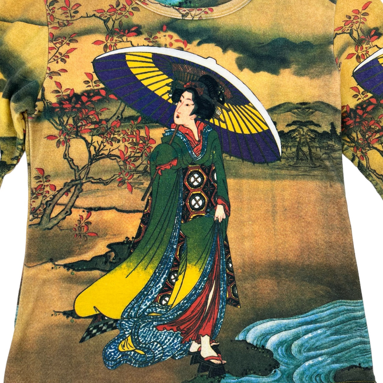 Breeke Hand Silk Screened Scoop Neck Geisha All Over Print 3/4 Sleeve Shirt Women’s M