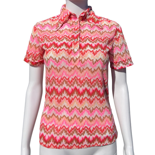 70s Pink Psychedelic Flame Stitch Knit Dagger Collar Polo Shirt Sheer Women’s Small