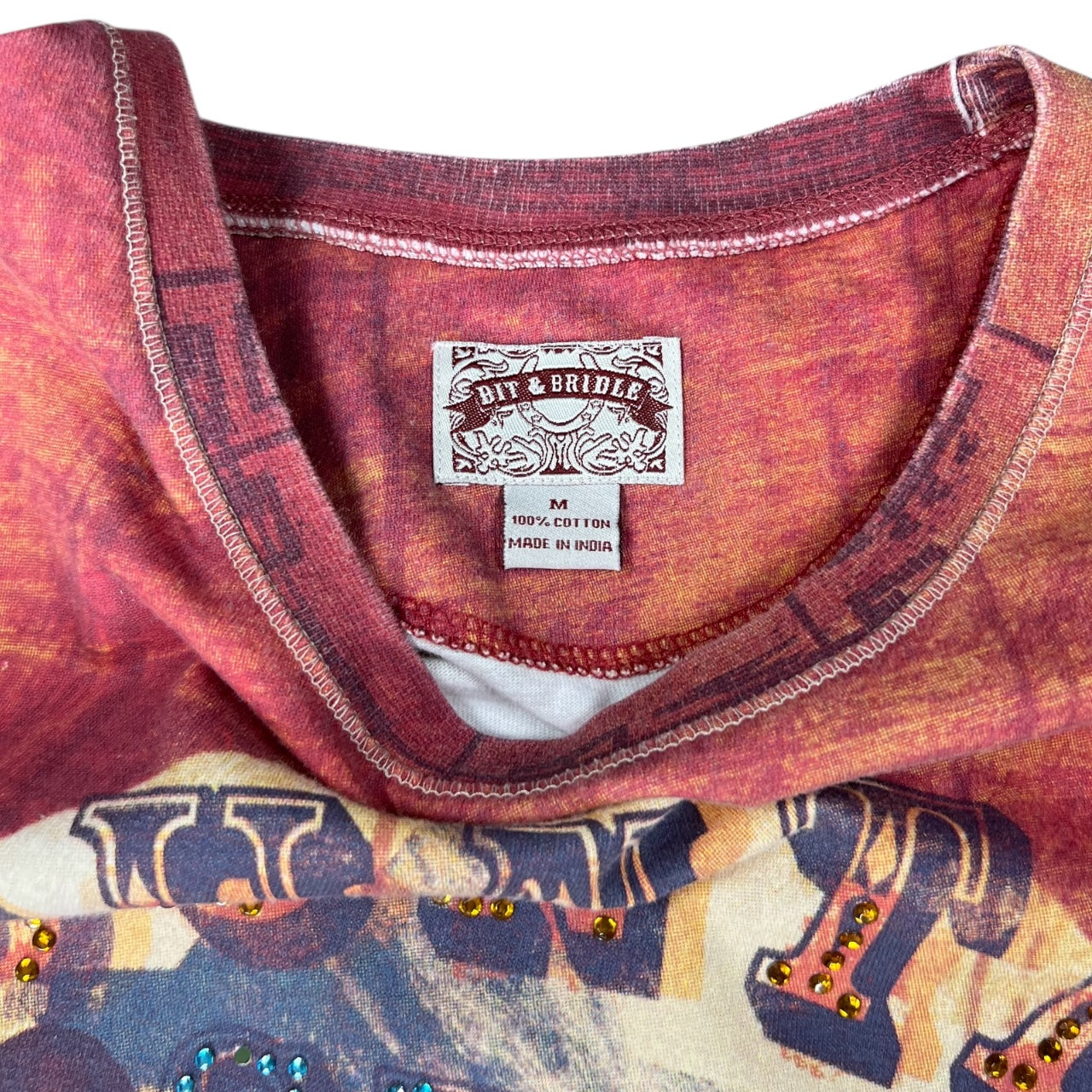 Y2K Bit & Bridle All Over Print Cowgirl Country Star Rhinestone Embroidered Shortsleeve Top Women’s Med