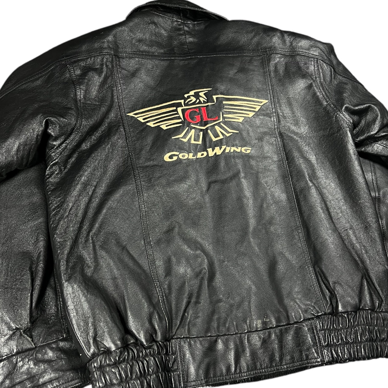 Vintage 90s Honda Goldwing Black Leather Bomber Flight Jacket Embroidered Mens Med