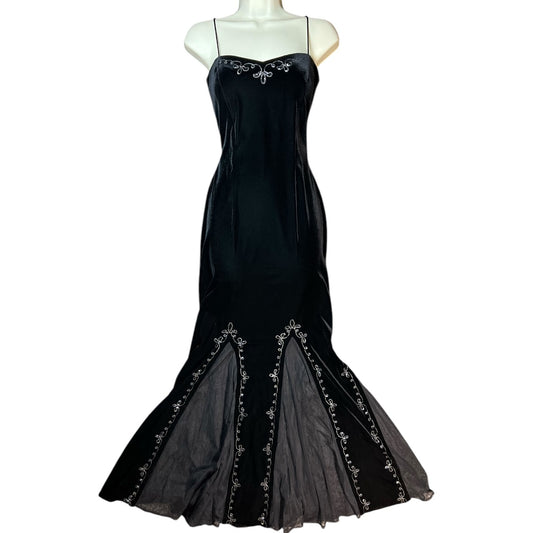 Vintage 90s Dave and Johnny by Laura Ryner Goth Black Velvet Embroidered Sequin Lace Up Prom Dress Micromesh XS 3/4