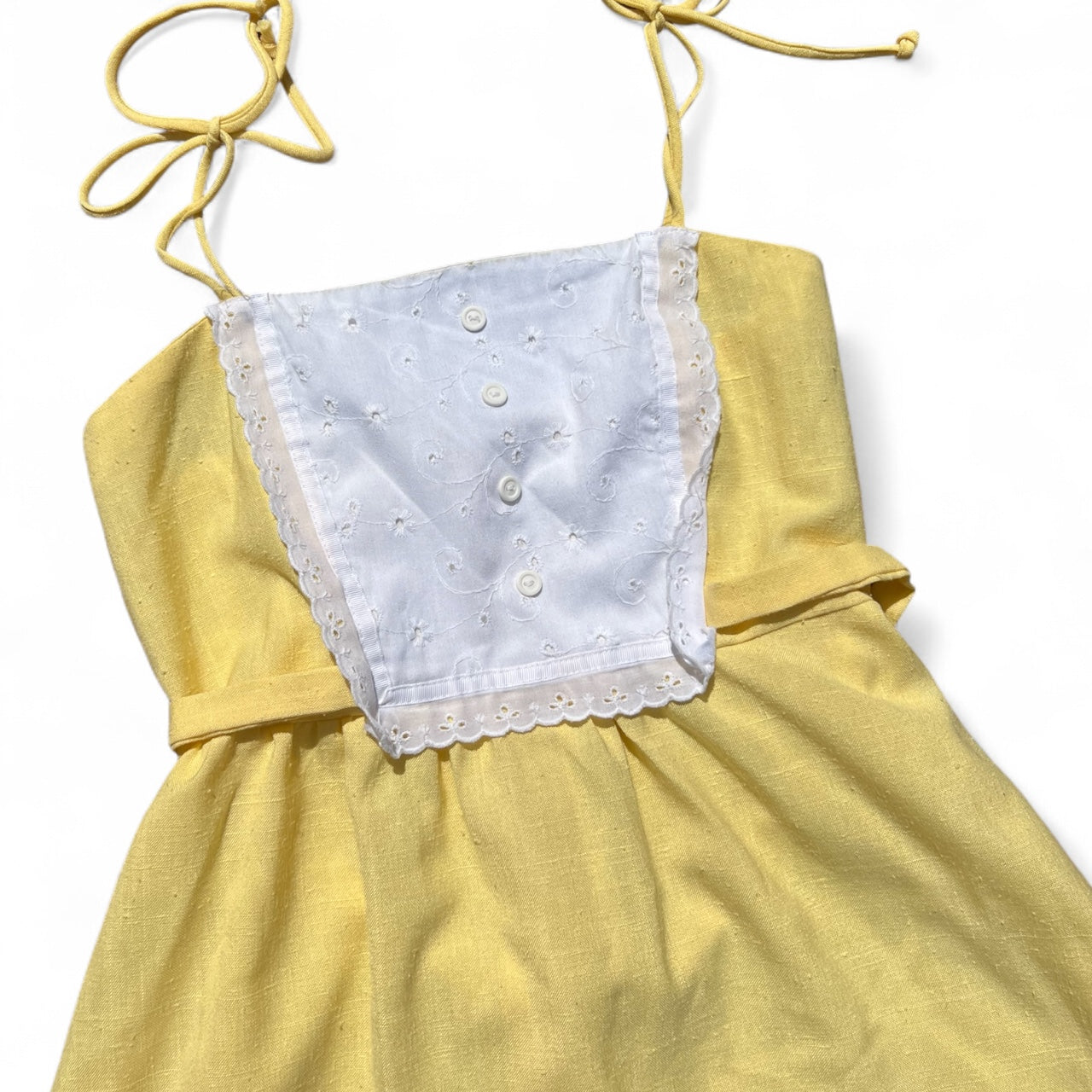 70s Handmade Yellow Eyelet Prairie Dress Midi Waist Tie Women’s M/L Made in USA