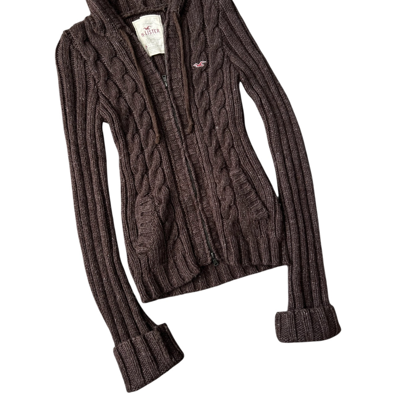 Y2K Hollister Brown Cable Knit Wool Blend Double Zip Up Hoodie Women’s Medium