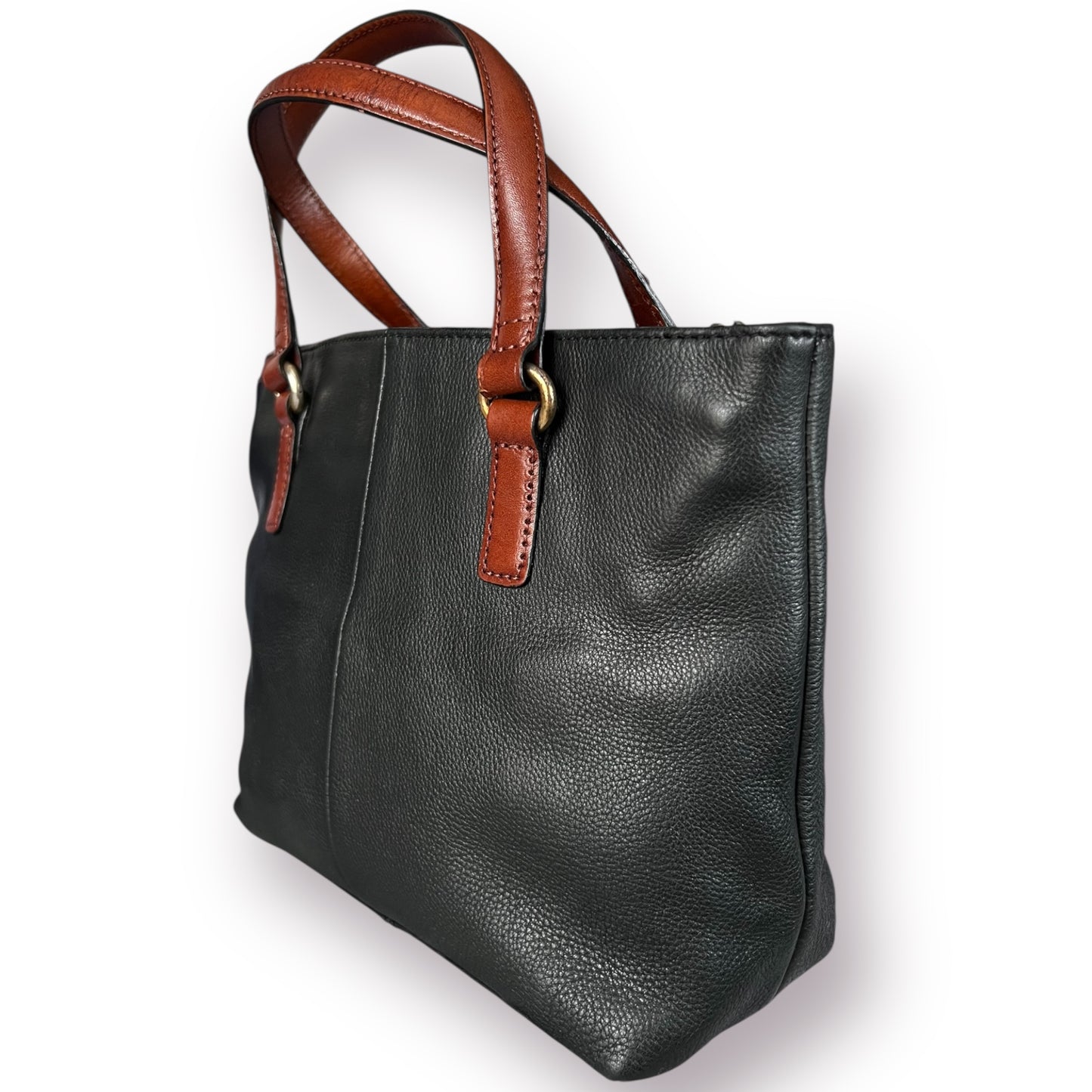 Y2K Fossil Black Pebbled Leather Shoulder Bag Brown Leather Trim Woven