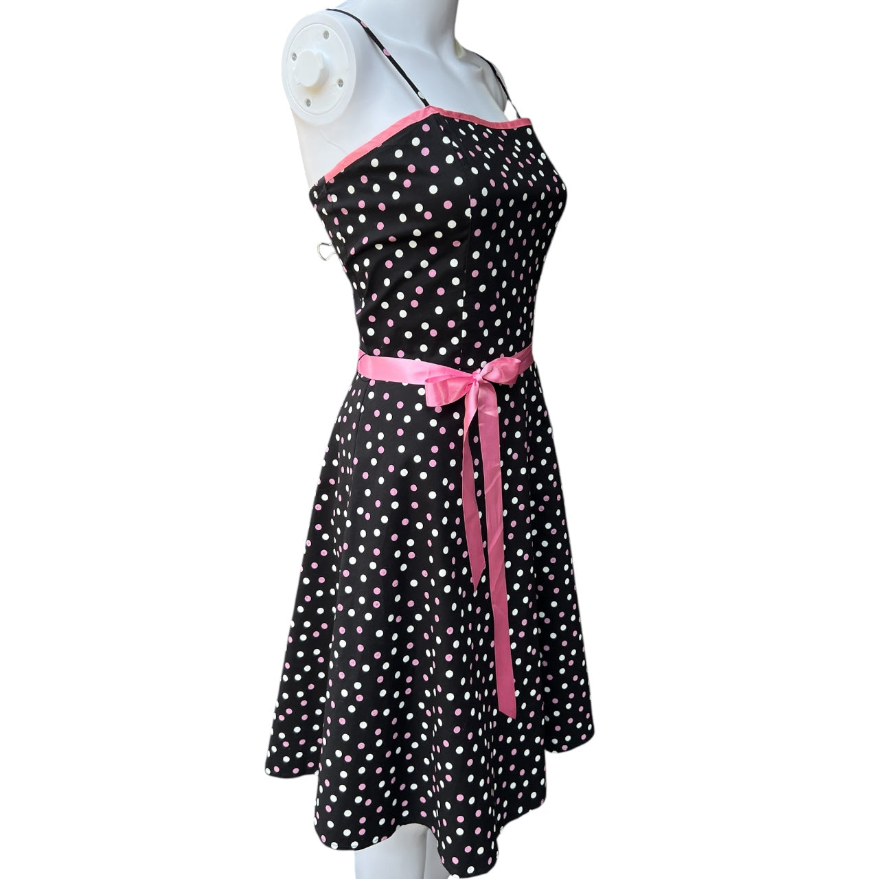 90s Pulse Black Pink Polka Dot A-line Dress Ribbon Waist Tie Women’s Large