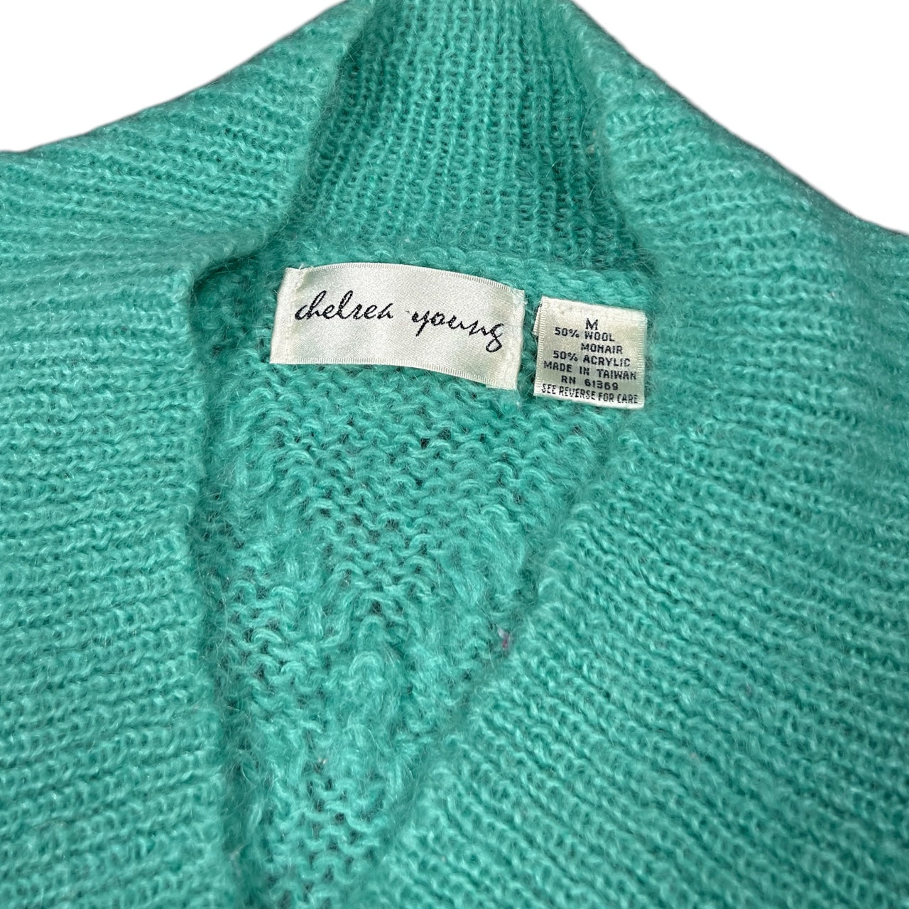 Vintage 90s Chelsea Young Wool Mohair Floral Embroidered Sweater Aqua Blue Women’s Med