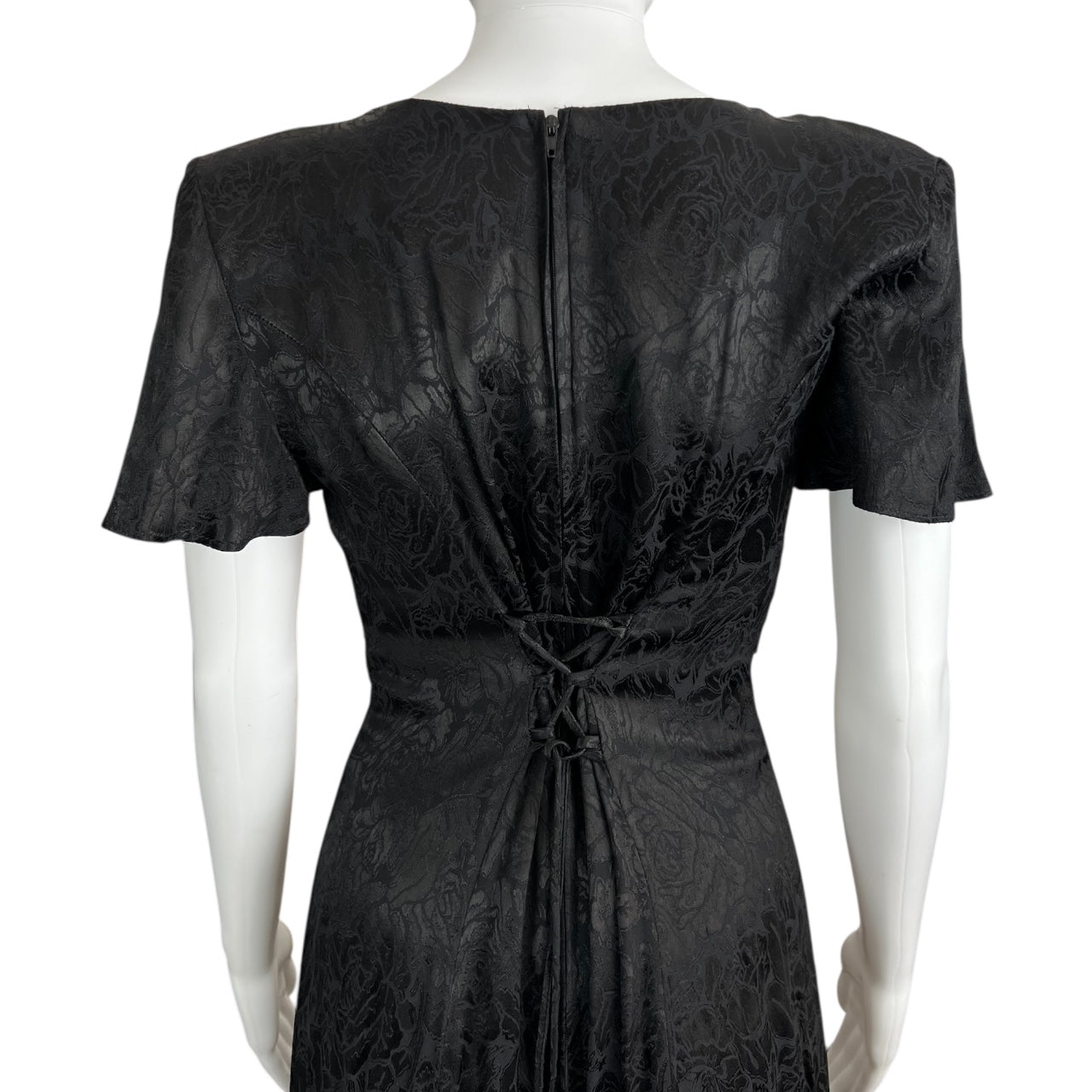 80s 90s Jody California Black Satin Jacquard Maxi Dress Criss Cross Corset Back Women’s 5 Goth Made in USA