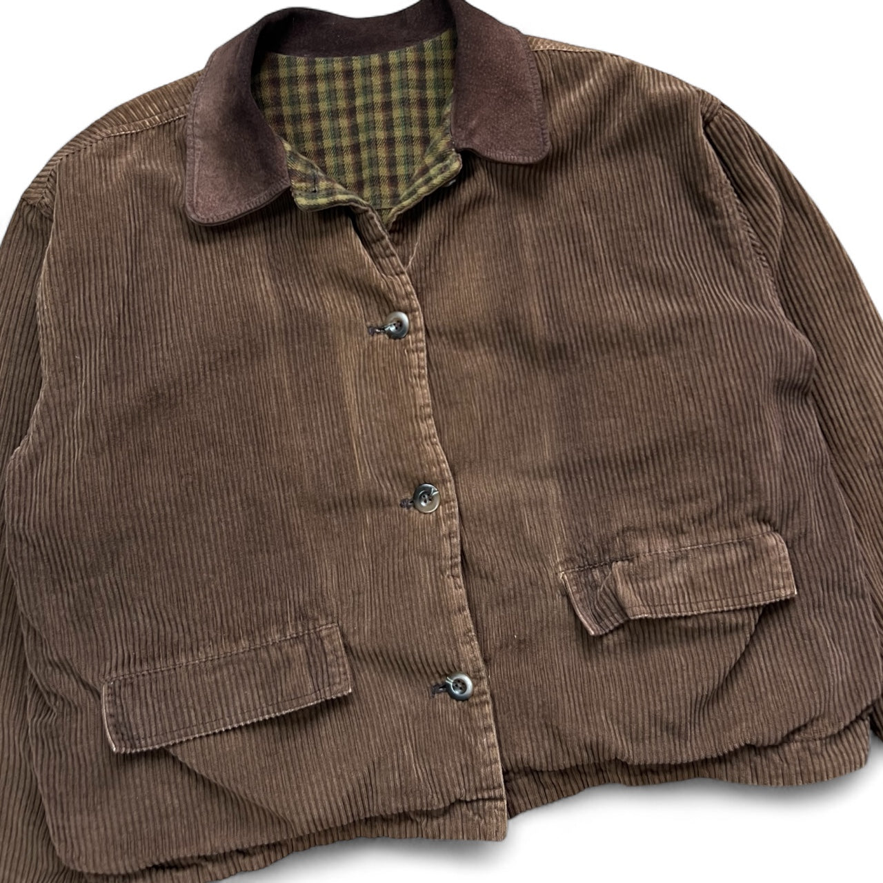 90s JL Colebrook Brown Corduroy Utility Jacket Crop Cut Leather Collar Men’s Large Reversible